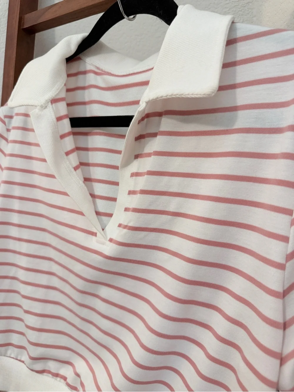 Striped Pink & White Women's Skirt Set — Casual Polo Crop Top & Drawstring Skirt